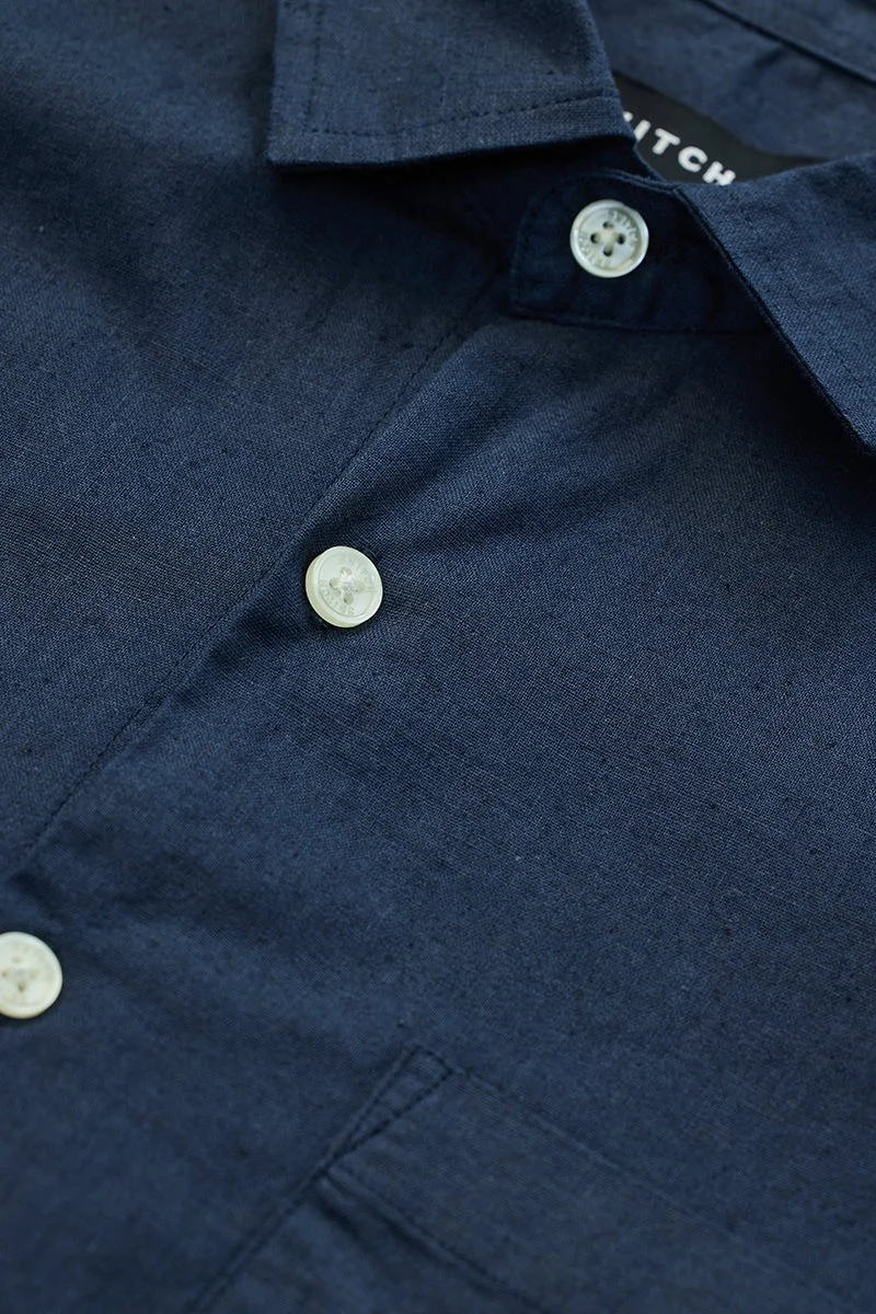 SNITCH Navy Slim Fit Linen Blend Shirt