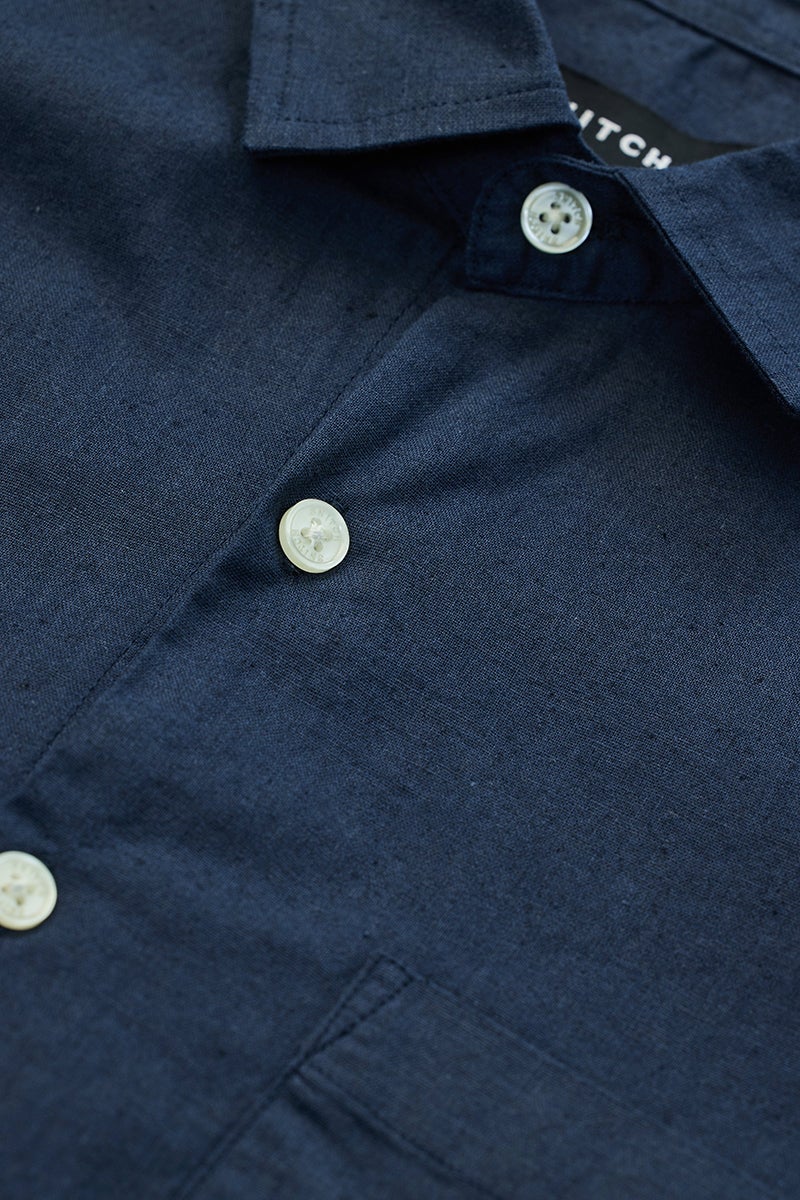 SNITCH Navy Slim Fit Linen Blend Shirt - Image 2