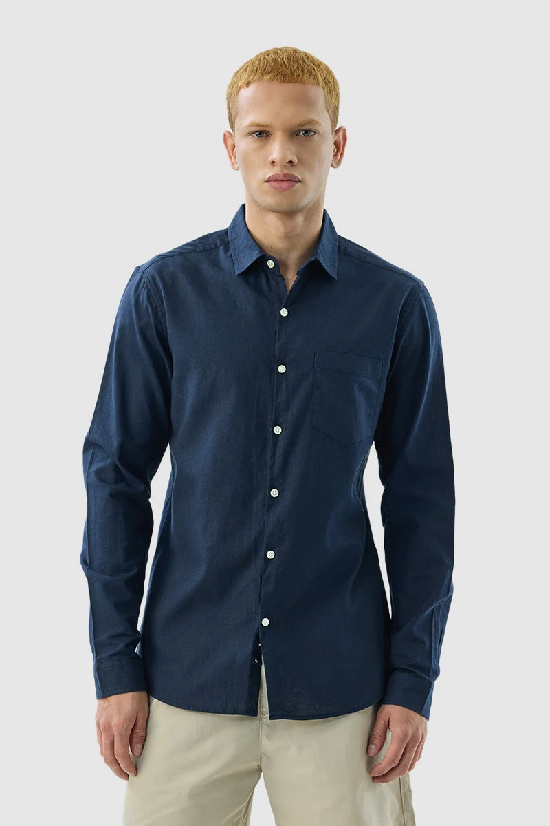 Snitch Navy Navy Slim Fit Linen Blend Shirt for Men | Best Price UAE