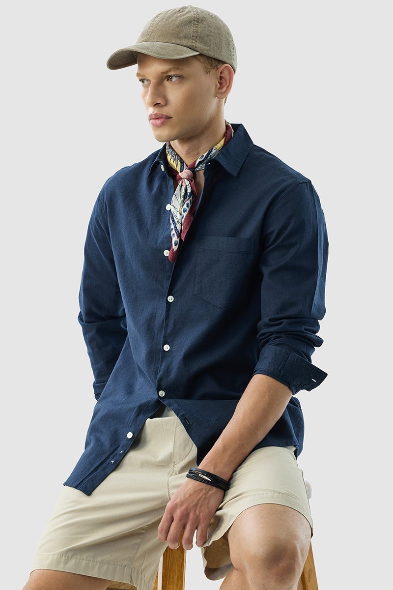 SNITCH Navy Slim Fit Linen Blend Shirt - Image 1