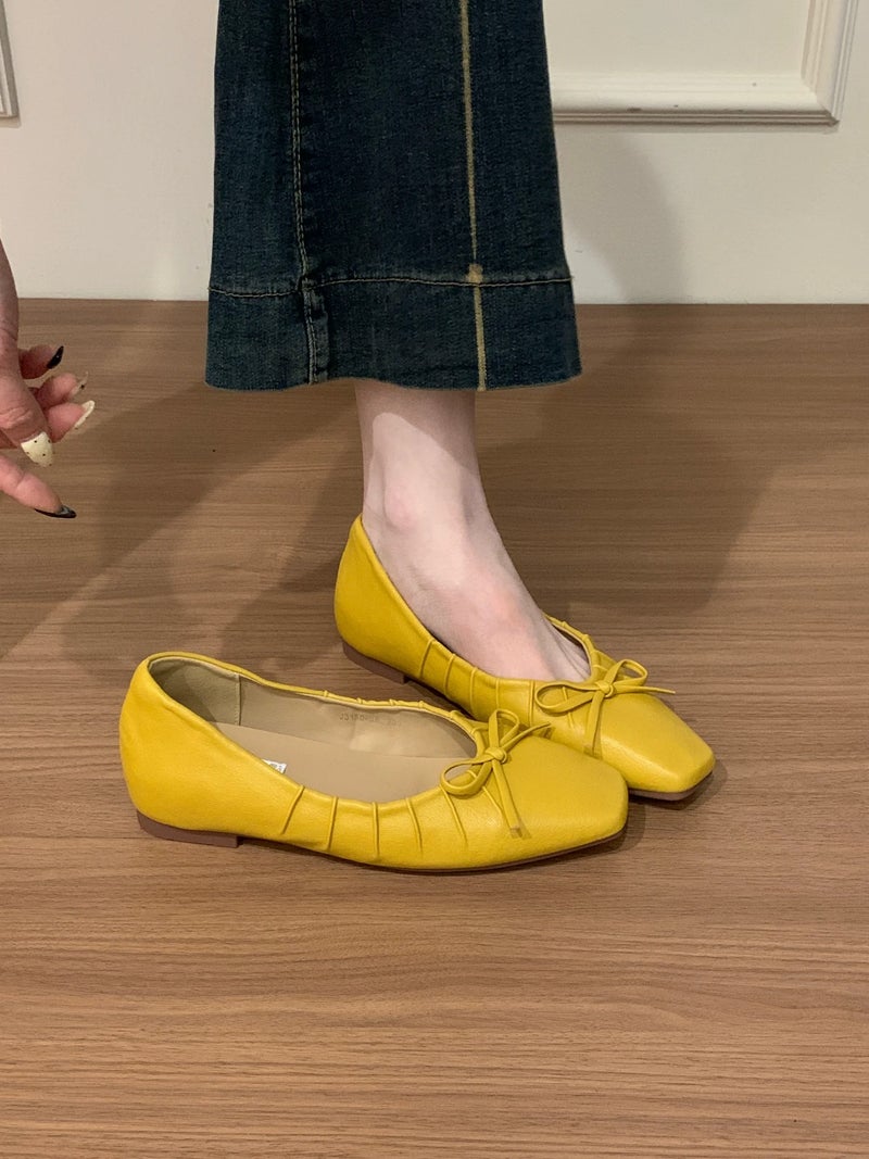Women's Sheepskin Bow Ballet Flats with Hidden Wedge Heel - 2026 New Arrival Polka Dot Elegant Shoes