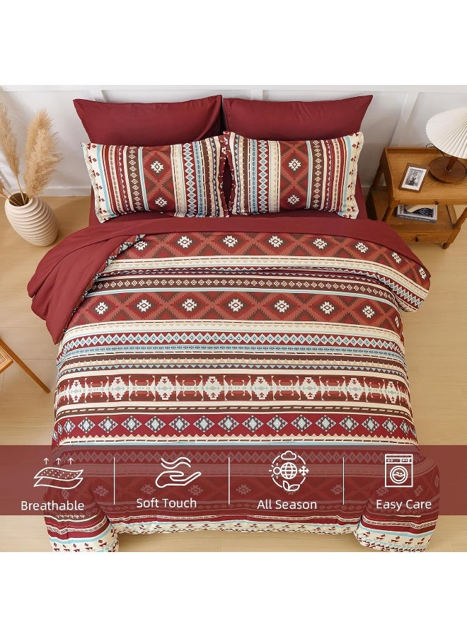 Dinjoy Red Boho Comforter Set Queen, 7 Piece Bed in a Bag Queen Size Soft Aztec Bedding Sets with Sheets Bohemian Striped Complete Bed Set Western for All Seasons 90"x90" - Image 2