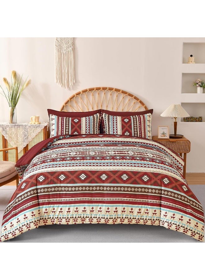 Dinjoy Red Boho Comforter Set Queen, 7 Piece Bed in a Bag Queen Size Soft Aztec Bedding Sets with Sheets Bohemian Striped Complete Bed Set Western for All Seasons 90"x90" - Image 1