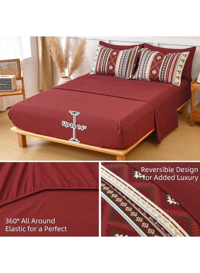 Dinjoy Red Boho Comforter Set Queen, 7 Piece Bed in a Bag Queen Size Soft Aztec Bedding Sets with Sheets Bohemian Striped Complete Bed Set Western for All Seasons 90"x90" - Image 3