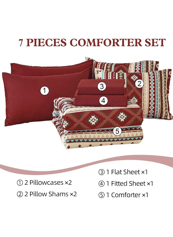 Dinjoy Red Boho Comforter Set Queen, 7 Piece Bed in a Bag Queen Size Soft Aztec Bedding Sets with Sheets Bohemian Striped Complete Bed Set Western for All Seasons 90"x90" - Image 5