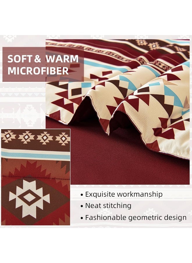 Dinjoy Red Boho Comforter Set Queen, 7 Piece Bed in a Bag Queen Size Soft Aztec Bedding Sets with Sheets Bohemian Striped Complete Bed Set Western for All Seasons 90"x90" - Image 4