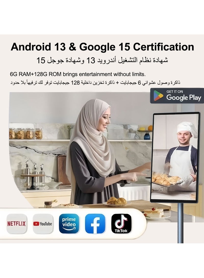 فلاشهوك تلفزيون متنقل شاشة متنقلة تلفزيون ذكي محمول بشاشة لمس أرضية قابلة للتعديل، مقاس 21.5 بوصة | كاميرا مدمجة | ذاكرة وصول عشوائي (RAM) سعة 6 جيجابايت + سعة تخزين 128 جيجابايت، بطارية 6000 أمبير/ساعة، وقت تشغيل فيديو 8 ساعات، لون رمادي - Image 3