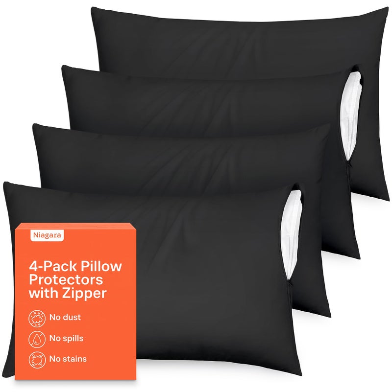 Niagara Sleep Solution Ultra Soft Pillow Protectors with Zipper Standard Size - Set of 4 Breathable Pillow Covers - 100% Protection Against Stains, Dust & Dirt - Machine Washable (Black) - Image 1