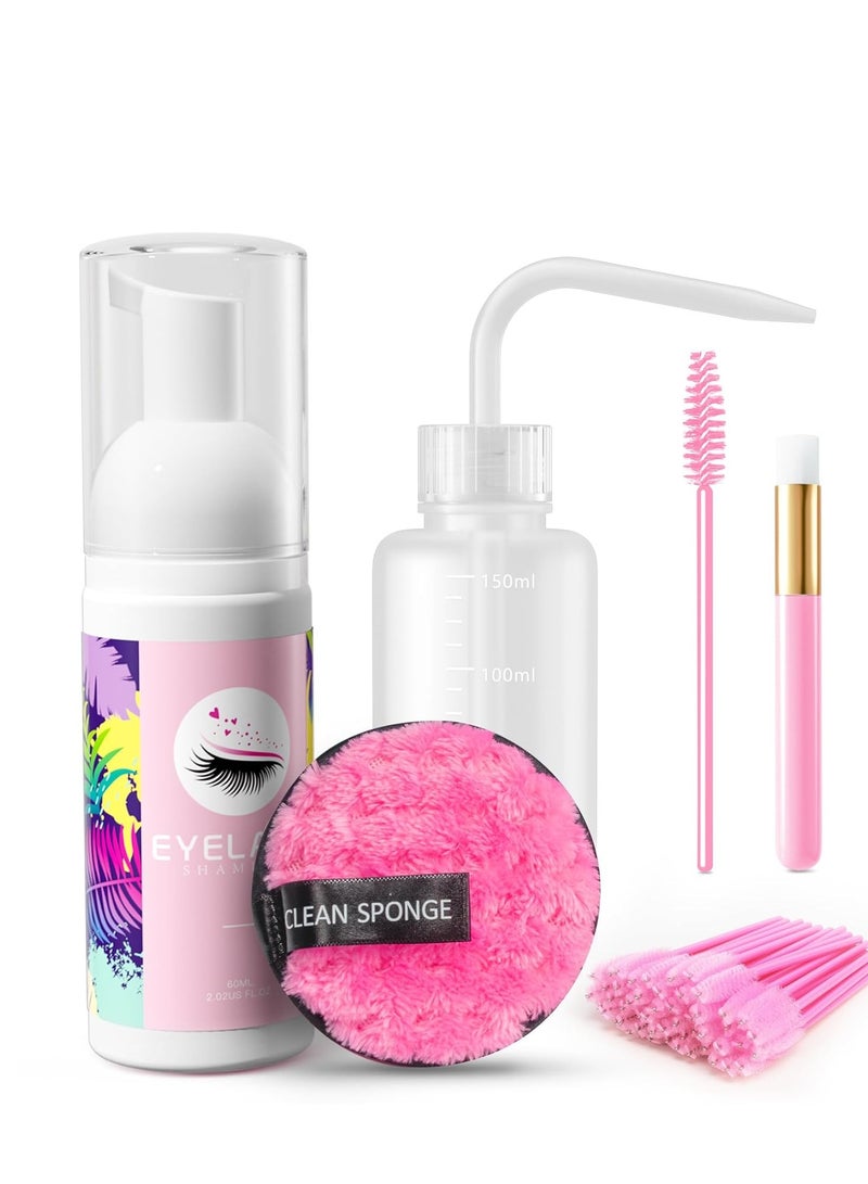 Buqikma Buqikma Lash Shampoo 60ML Eyelash Extension Cleanser - Lash Cleaning Kit Rinse Bottle Cleaning Brush 50PCS Mascara Brushes Makeup Remover Pad Pink Soft Foam Lash Shampoo Kit Lash Wash for Home Use  - Image 1