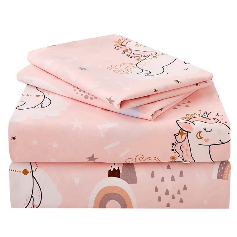 JSD JSD Pink Unicorn Kids Sheet Set Twin Size 3 Piece Girls Rainbow Printed Microfiber Bed Sheets Deep Pocket