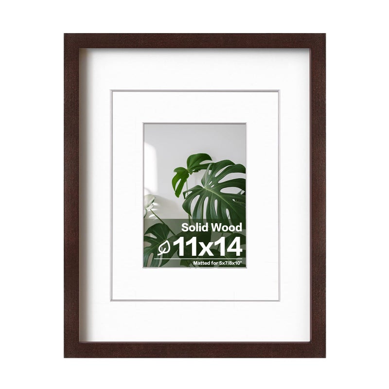Egofine 11x14 Picture Frame Made of Solid Wood with Plexiglass Display Pictures 5x78x10 with Mat or 11x14 Without Mat for Tabletop and Wall Mounting Walnut Color