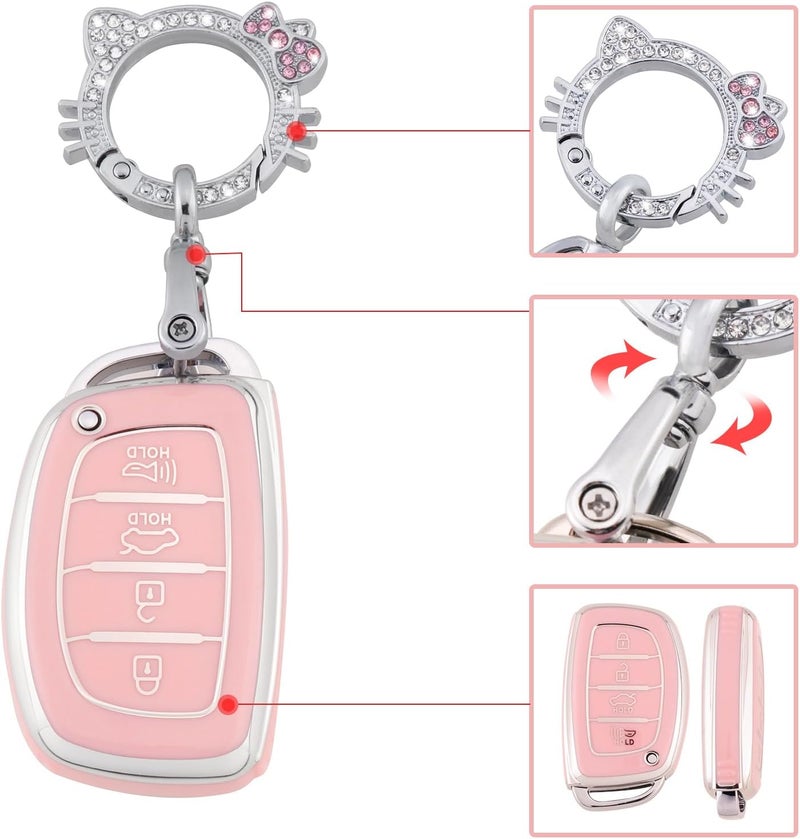 PANGPAI Pink Key Fob Cover for Hyunda, Soft TPU Key Case Protection with Bling Keychain Fit for lantra Ioniq Sonata Tucson Elantra GT - Image 4