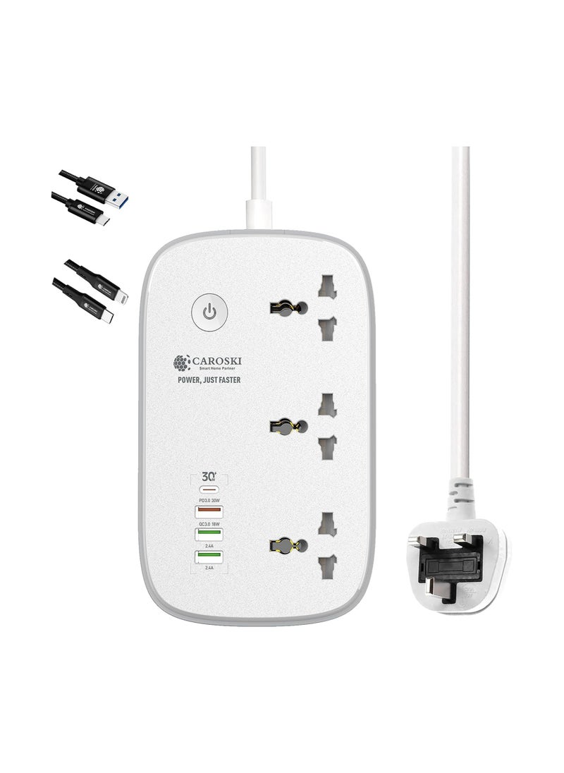 CAROSKI Smart Power Extension Cord Surge Protector Socket Multi Plug with - Compatible with Alexa and Google Assistant - 3AC Outlets - 4 USB -A and 30W USB-C Fast Charging - 2M Extension Cable  - Image 1