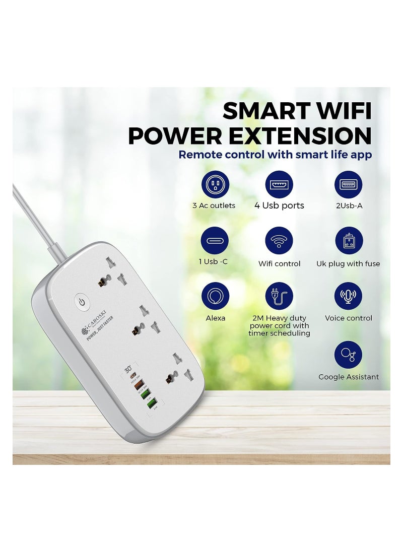 CAROSKI - Smart Power Extension Cord Surge Protector Socket Multi Plug with - Compatible with Alexa and Google Assistant - 3AC Outlets - 4 USB -A and 30W USB-C Fast Charging - 2M Extension Cable - Image 1
