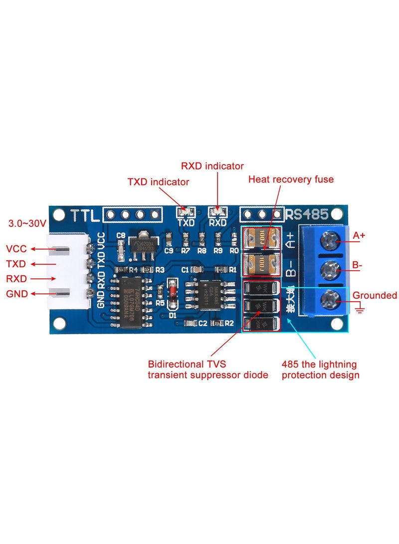 erorex 2Pack TTL to RS485 Adapter Module, 485 to TTL 3.3V/5.0V Signals Serial Port Power Supply Converter with Indicator Lights  - Image 4