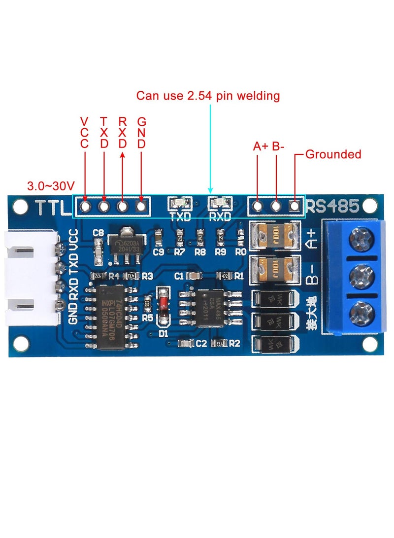 erorex 2Pack TTL to RS485 Adapter Module, 485 to TTL 3.3V/5.0V Signals Serial Port Power Supply Converter with Indicator Lights  - Image 3