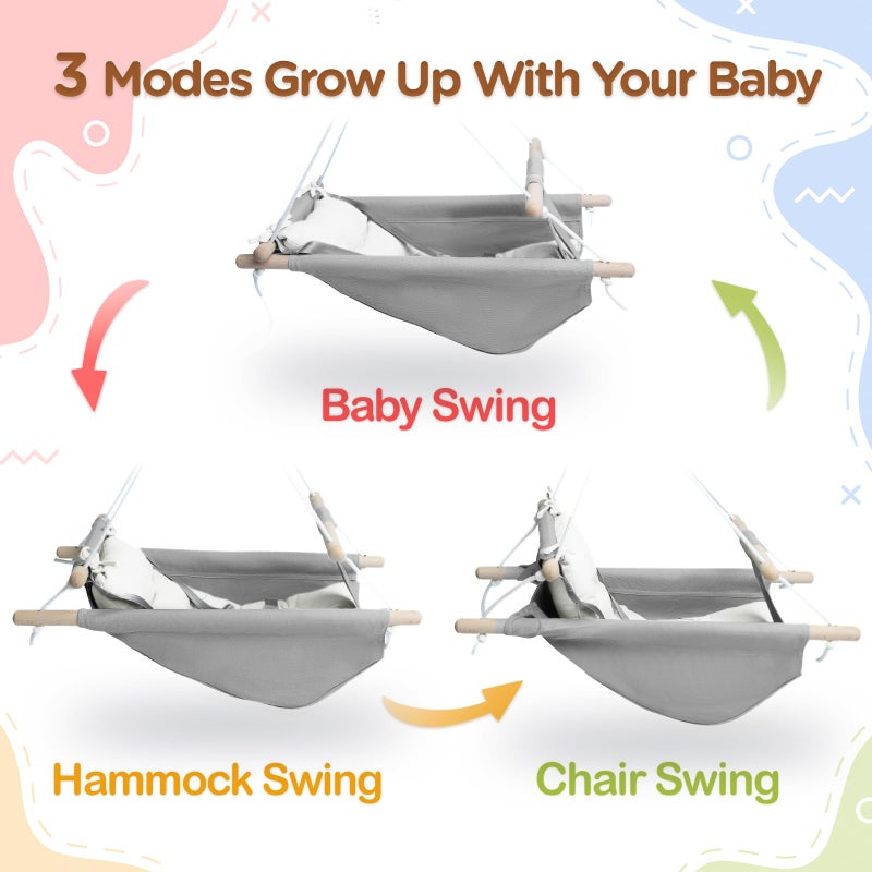 gladswing Baby Swing Indoor and Outdoor Canvas Hammock Swing for Baby to Toddler with a Comfortable Seat Macaroon Wooden Toy Adjustable 5Point Harness3 ModesGift for Baby Boys Girls GreyWhite - Image 3