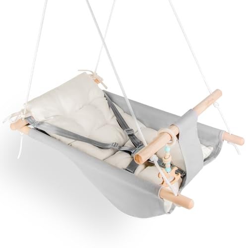 gladswing Baby Swing Indoor and Outdoor Canvas Hammock Swing for Baby to Toddler with a Comfortable Seat Macaroon Wooden Toy Adjustable 5Point Harness3 ModesGift for Baby Boys Girls GreyWhite - Image 1