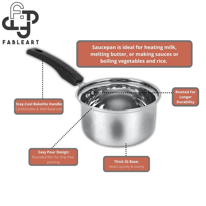Fableart Stainless Steel Sauce Pan; 18cm; 1.5 Litre; with Bakelite Handle for Easy Use - Image 4