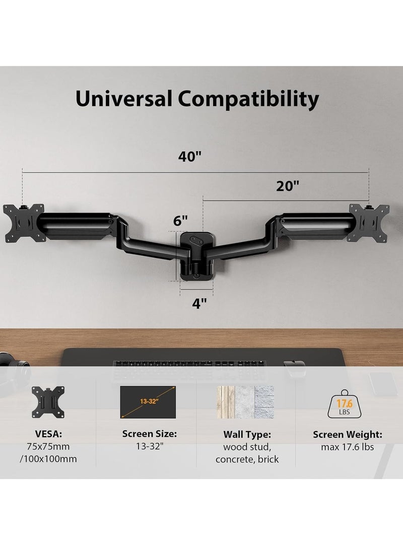 ELTRAZONE Dual Monitor Wall Mount – Gas Spring Wall Arm for 17-32 Inch Screens, Supports Up to 18lbs, VESA 75x75/100x100mm, Adjustable Wall-Mounted Monitor Stand for 2 Monitors – Space-Saving & Ergonomic Solution  - Image 3
