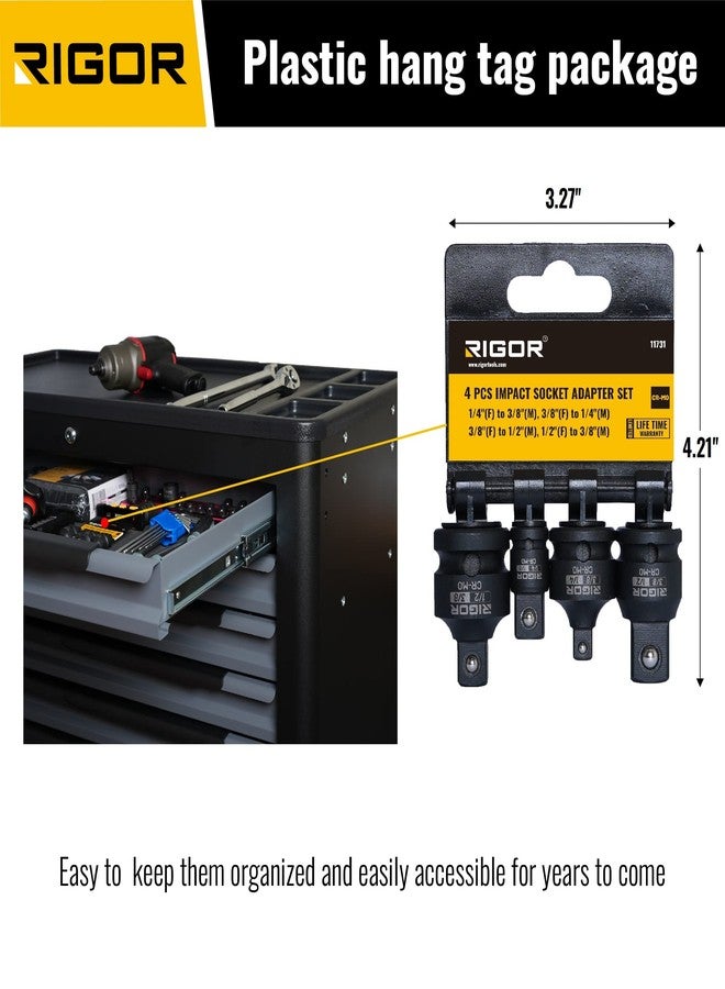 ريجور طقم محول ومخفض مقبس الصدمات RIGOR 11731 | تحويلات مفكات الصدمات 1/4 بوصة - 3/8 بوصة - 1/2 بوصة، طقم من 4 قطع، محولان، ومخفضان | فولاذ كروم الموليبدينوم (CR-MO) | تركيب سريع لسندان الحلقة الخنزيرية - Image 5