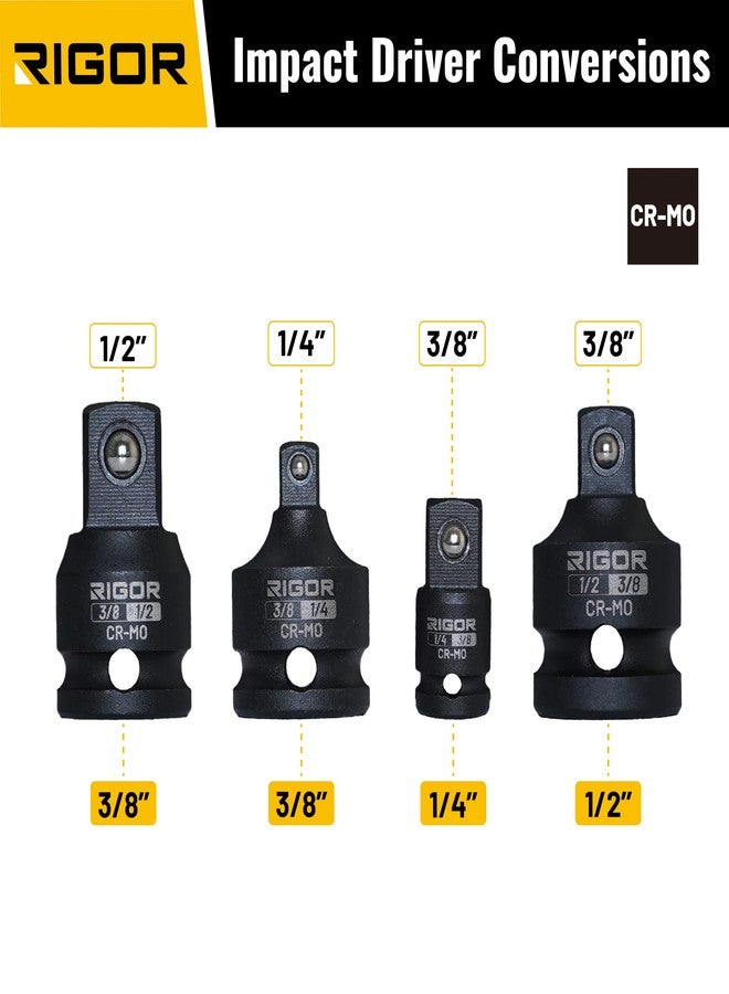 ريجور طقم محول ومخفض مقبس الصدمات RIGOR 11731 | تحويلات مفكات الصدمات 1/4 بوصة - 3/8 بوصة - 1/2 بوصة، طقم من 4 قطع، محولان، ومخفضان | فولاذ كروم الموليبدينوم (CR-MO) | تركيب سريع لسندان الحلقة الخنزيرية - Image 2