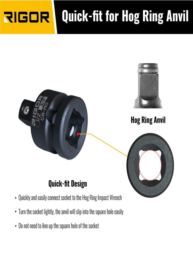 ريجور طقم محول ومخفض مقبس الصدمات RIGOR 11731 | تحويلات مفكات الصدمات 1/4 بوصة - 3/8 بوصة - 1/2 بوصة، طقم من 4 قطع، محولان، ومخفضان | فولاذ كروم الموليبدينوم (CR-MO) | تركيب سريع لسندان الحلقة الخنزيرية - Image 4