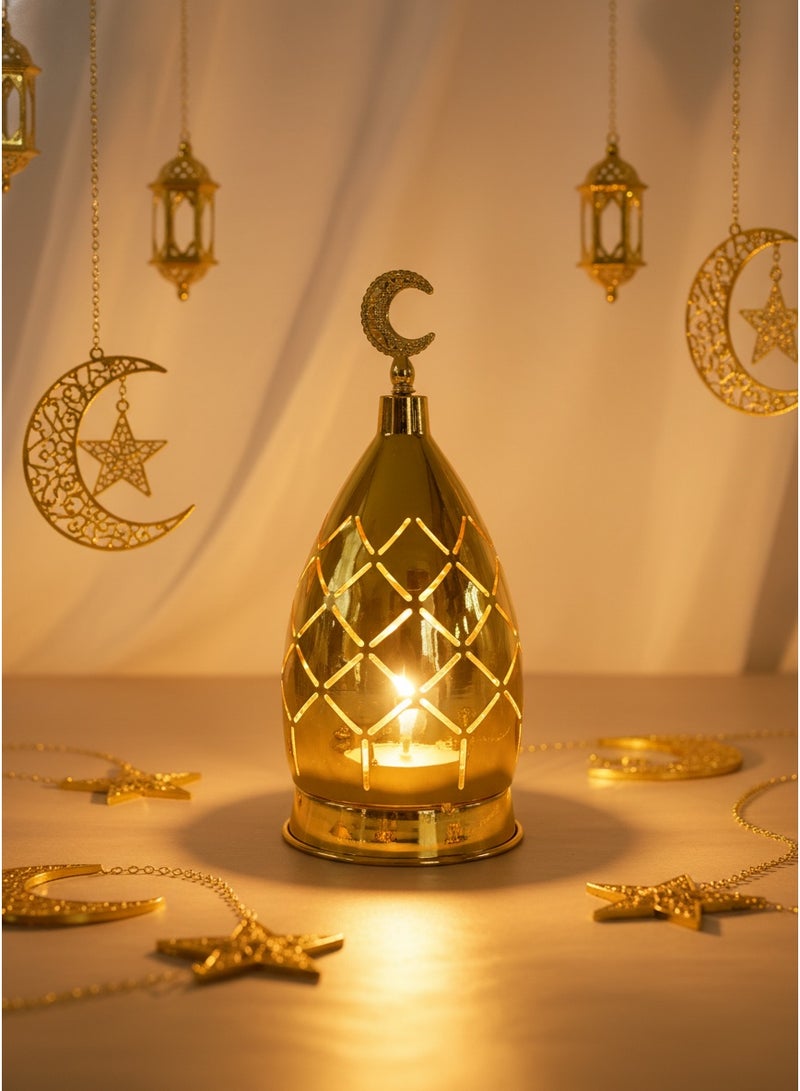 Living Distinctive hollowed out golden Ramadan lantern, decorated with an Islamic crescent moon - Image 1