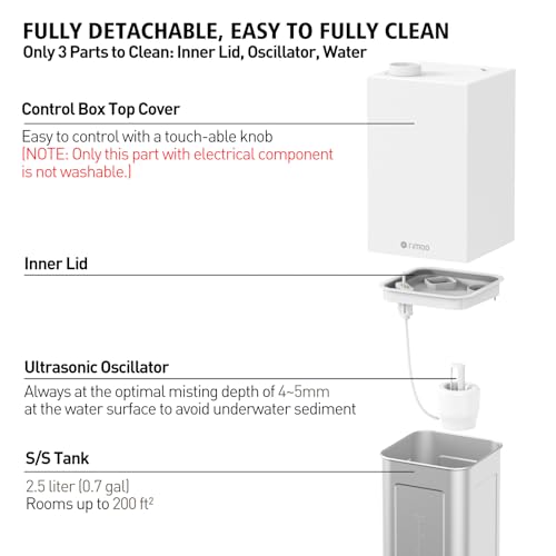 RIMOO Stainless Steel Humidifier, Cool Mist Humidifiers with Only 3 Parts Easy to Clean, Top Fill Humidifier with 1-9H Timer, 30dB Whisper-Quiet, Filterless for Bedroom Large Baby Room Office - Image 3