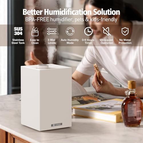RIMOO Stainless Steel Humidifier, Cool Mist Humidifiers with Only 3 Parts Easy to Clean, Top Fill Humidifier with 1-9H Timer, 30dB Whisper-Quiet, Filterless for Bedroom Large Baby Room Office - Image 2