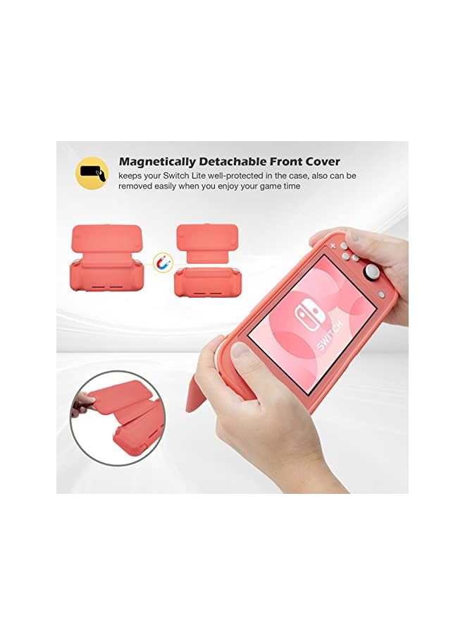 Procases Flip Cover for Switch Lite with 2 Pack Tempered Glass Screen Protectors, Slim Protective Flip Case with Magnetically Detachable Front Cover for Switch Lite 2019 -Coral - Image 4