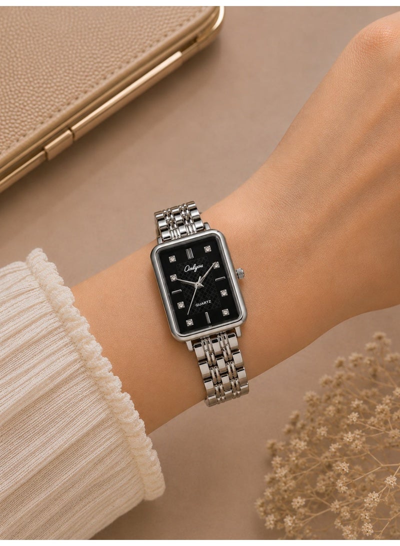 Onlyou Women's Quartz Wrist Watch – Silver Stainless Steel Strap – Rectangular Design – Suitable for Daily Use - Image 4