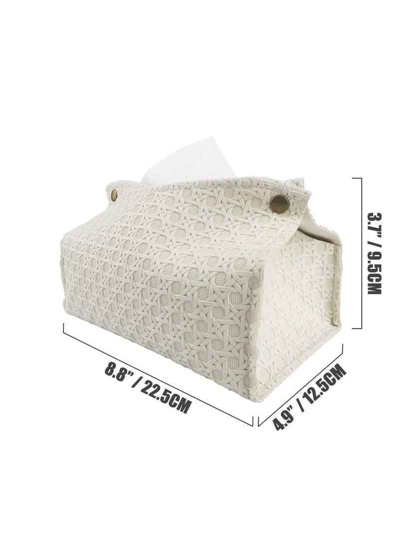 PU Leather Tissue Box, Rattan Style Tissue Box, Modern Facial Paper Organizer, Modern PU Leather Tissue Box, for Tabletop, Bathroom, Car, Office, Night Stands (Beige)