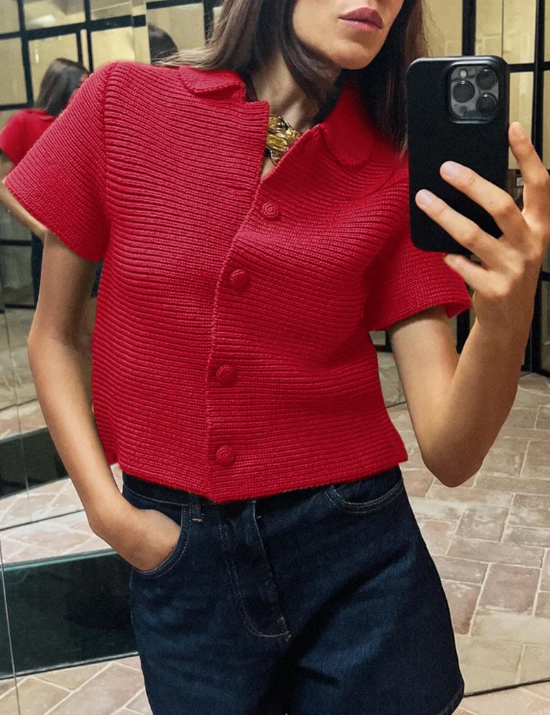 Tanming Womens Cardigan Sweaters Soft Chunky Knit Top Short Sleeve Button Loose Outerwear Sweater (Red-L) - Image 2