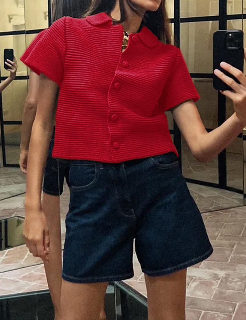 Tanming Womens Cardigan Sweaters Soft Chunky Knit Top Short Sleeve Button Loose Outerwear Sweater (Red-L) - Image 3