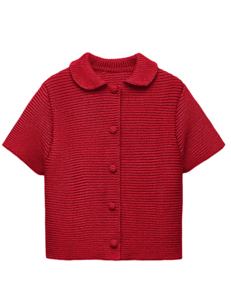 Tanming Womens Cardigan Sweaters Soft Chunky Knit Top Short Sleeve Button Loose Outerwear Sweater (Red-L) - Image 1