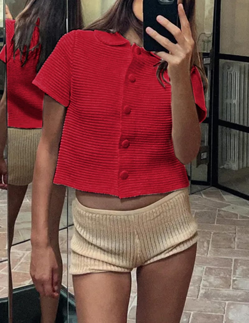 Tanming Womens Cardigan Sweaters Soft Chunky Knit Top Short Sleeve Button Loose Outerwear Sweater (Red-L) - Image 4