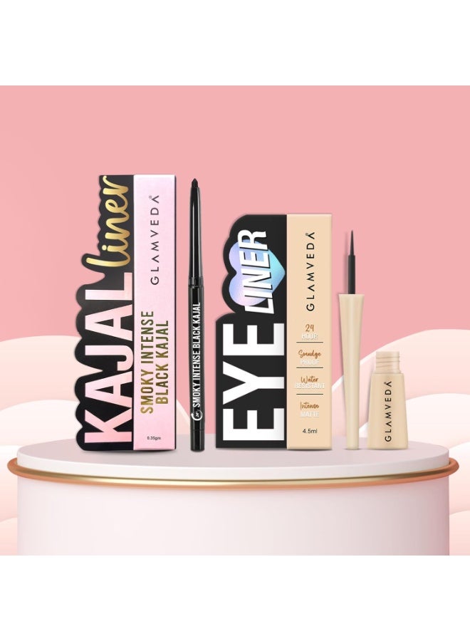 Glamveda Eyeliner & Pencil Kajal Combo Pack (Pack  of 2)| Bold Eye Looks | Smudge-Proof, Long-Lasting | Smoky Liner & Smoky Kajal | Essential Eye Kit | Black, Matte Finish for Women - Image 1
