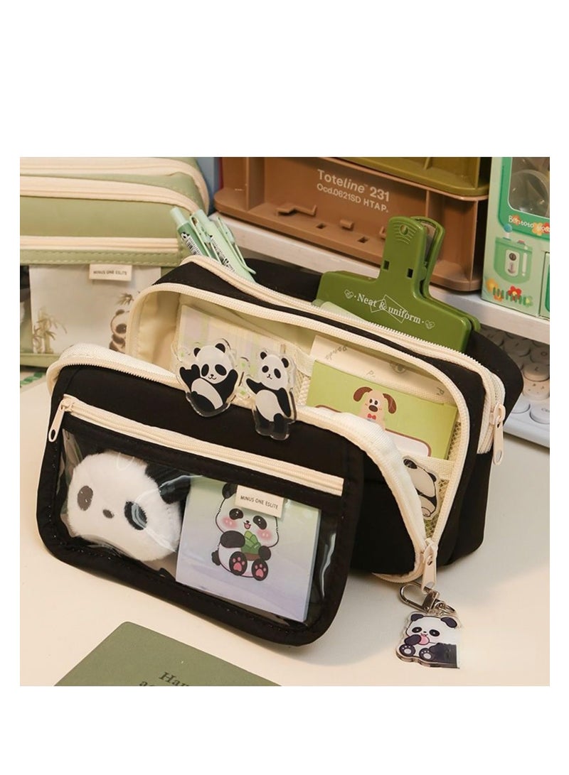 SOLARAE Panda Pencil Case, 10Pcs Cute Panda Pencil Case Large Capacity, Adults Aesthetic Pencil Case, Kawaii Pencil Pouch Cute With Zipper Preppy Pen Bag With Gel Ink Pens, Clips, Stickers, Pin (Black) - Image 4