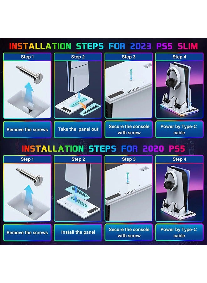 HaHaHai PS5/Slim/Pro Stand and Cooling Station with Dual Controller Charging Station, Including Controller Charger, Cooling Fan, RGB LED and USB Hub (Fit for PS5/PS5 slim/PS5 Pro Version) White - Image 5