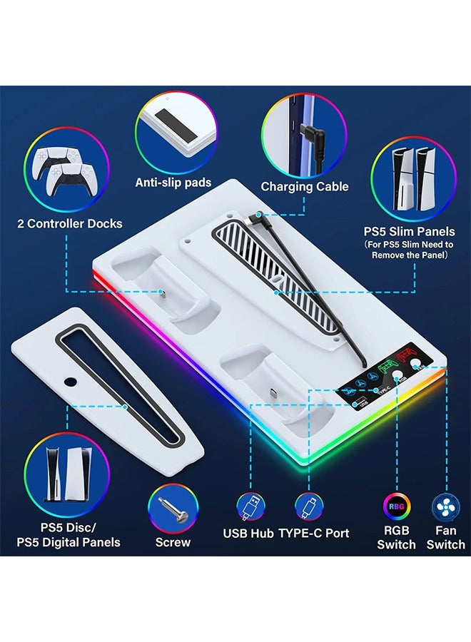 HaHaHai PS5/Slim/Pro Stand and Cooling Station with Dual Controller Charging Station, Including Controller Charger, Cooling Fan, RGB LED and USB Hub (Fit for PS5/PS5 slim/PS5 Pro Version) White - Image 4