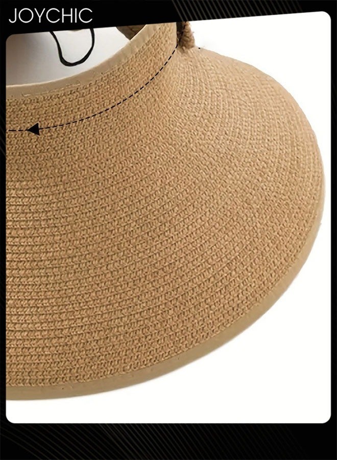 Joychic قبعة شمسية قابلة للطي ببرم عريض من القش للنساء ذوات ذيل الحصان صيفية مع حماية من الأشعة فوق البنفسجية UPF للسفر والشاطئ - Image 3