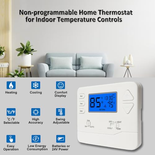 Miuputake Thermostat for Heat Pump,NonProgrammable Thermostat for Home, Conventional Single-Stage Systems,2 Heat/1 Cool Heat Pump Or 1 Heat/1 Cool, Easy DIY Install,Blue Backlight - Image 2