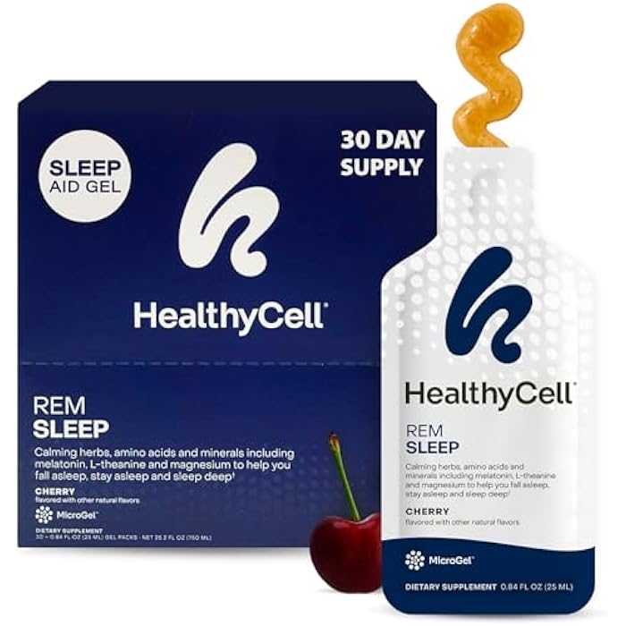 Healthycell REM Sleep Aid Supplement for Adults - Liquid Gel Extra Strength Sleep Supplement with Melatonin, Magnesium, L-Theanine, GABA & Natural Calming Herbs - 30 Gel Packs, Cherry Flavored - Image 1