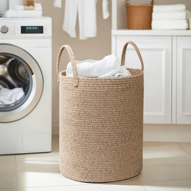 MEGASKET Large Woven Laundry Basket, 15"x18" Tall Blanket Storage for Living Room, Cute Nursery Kids Baby Laundry Hamper, Wicker Hamper for Bedroom Aesthetic, Cotton Rope Dirty Clothes Decor Basket - Image 3