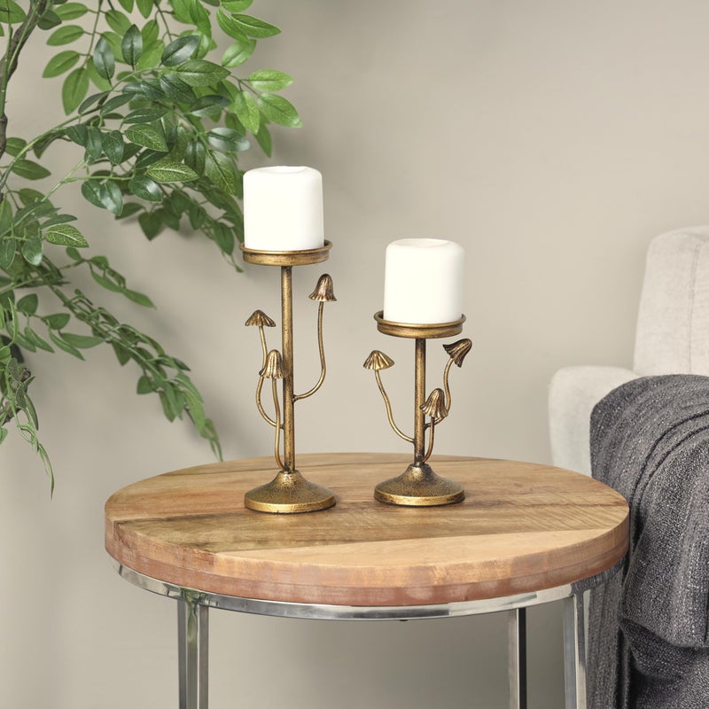 Deco 79 Metal Abstract Decorative Candle Holder Mushroom Inspired Candle Stand, Set of 2 Candlestick Holder 10", 7" H, Gold - Image 3