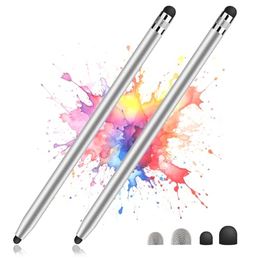 IOUALEY 2 Pack Stylus Pens for Touch Screens, High Sensitivity Precision Capacitive Stylus Pen Compatible with iPad iPhone Samsung Tablets All Universal Touchscreen Devices with 4 Rubber Tips (Silver) - Image 1