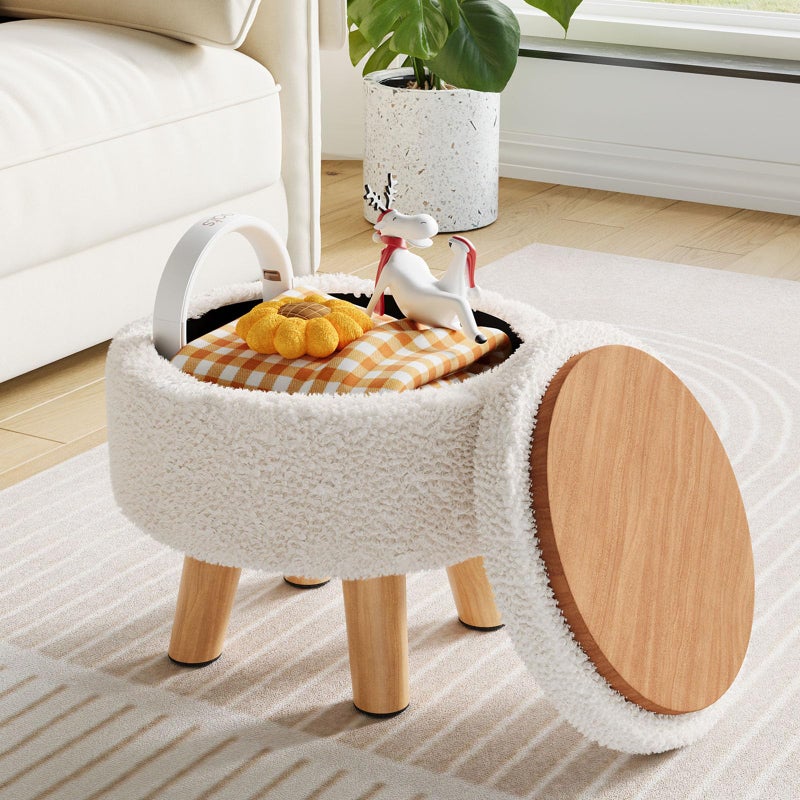 WBKATN Small Ottoman Footrest White Boucle Foot Stool Round Pouf Ottoman with Storage Teddy Velvet Foot Rest for Couch Living Room Nursery Small Coffee Table Ottomans Stool