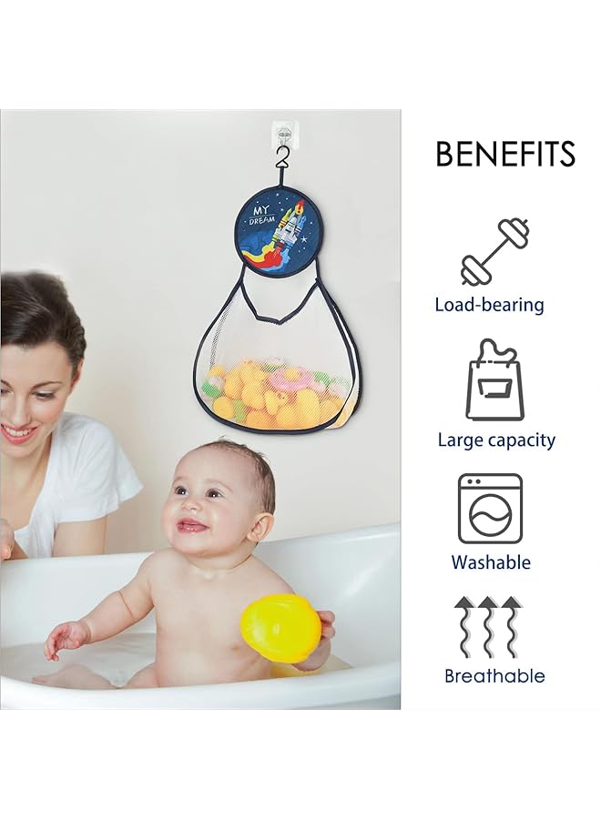 Excefore 2 Pack Bathroom Hanging Toys Storage Bag Baby Bath Toy Organizer Hanging Bath Toy Storage With Hooks Large Capacity Bath Toy Mesh Bag Rocket And Zebra - Image 4