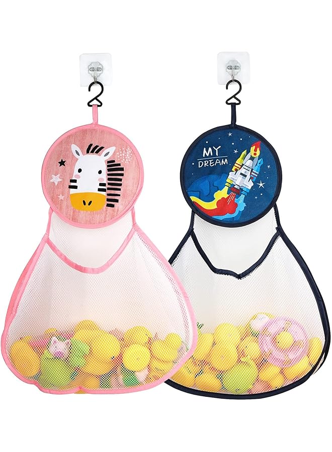 Excefore 2 Pack Bathroom Hanging Toys Storage Bag Baby Bath Toy Organizer Hanging Bath Toy Storage With Hooks Large Capacity Bath Toy Mesh Bag Rocket And Zebra - Image 1